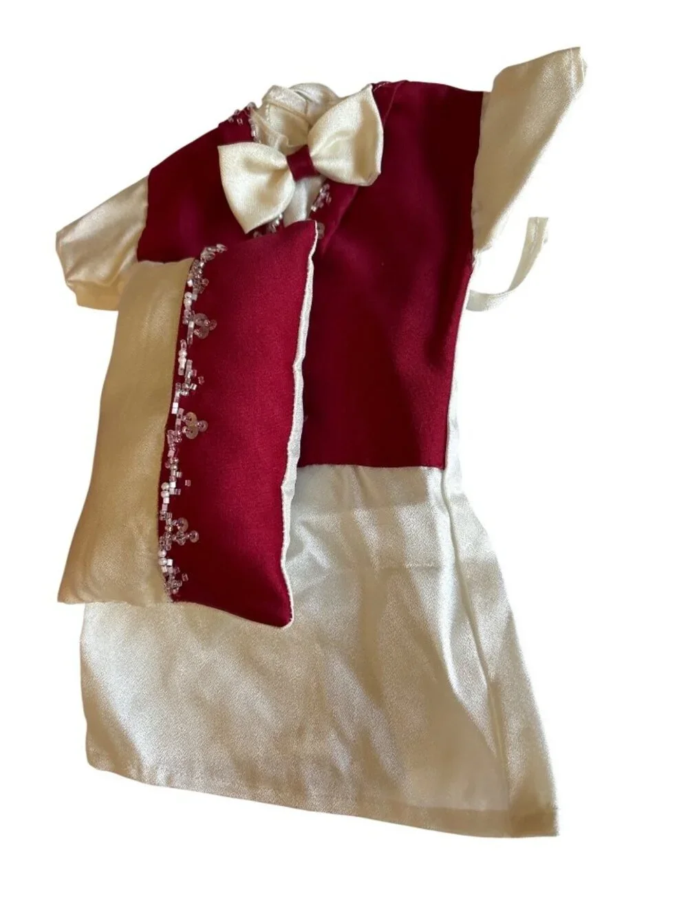Elegant Red & Ivory Doll Wedding Dress Set With Beaded Details & Accessories